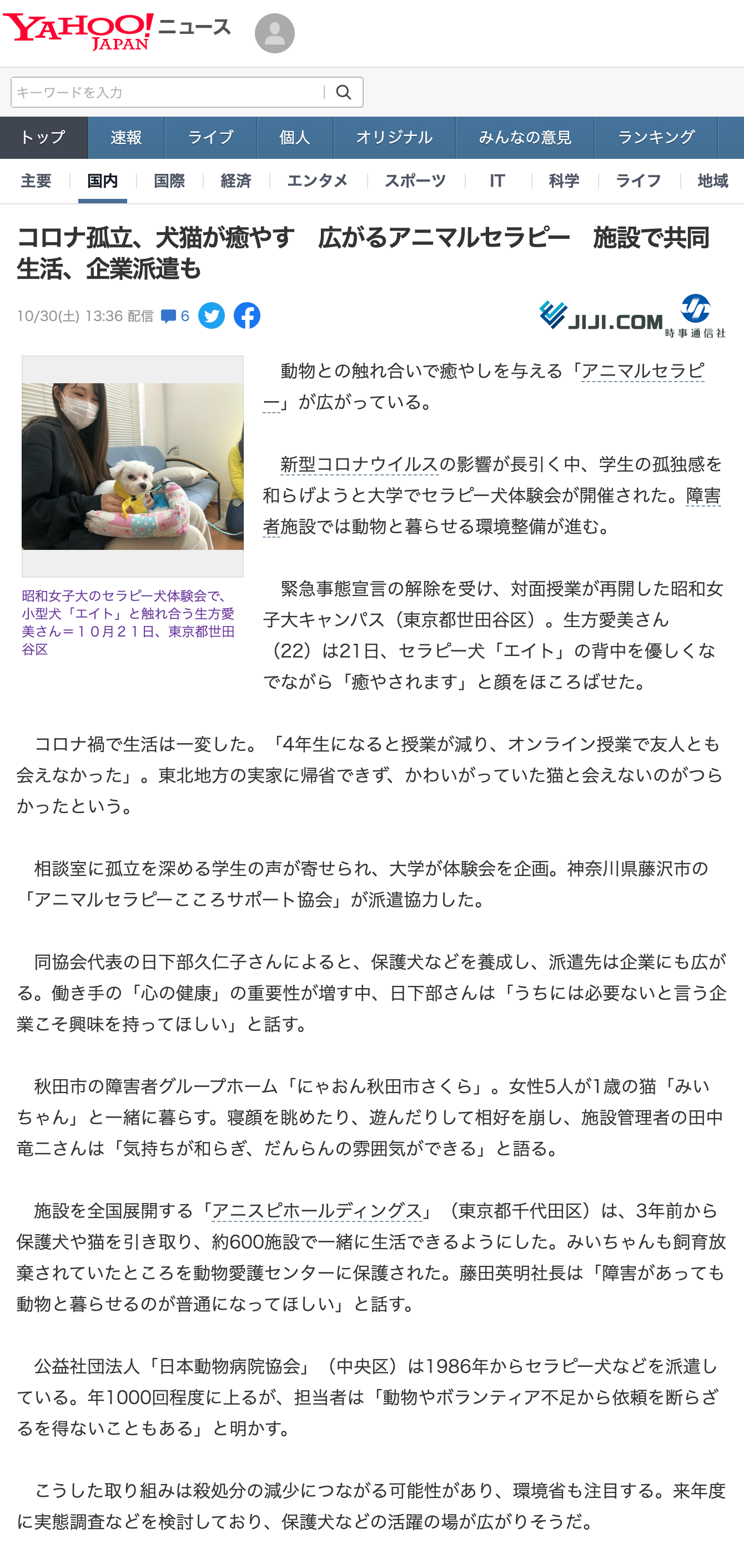 コロナ孤立、犬猫が癒やす　広がるアニマルセラピー　施設で共同生活、企業派遣も（時事通信） - Yahoo!ニュース - news.yahoo.co.jp